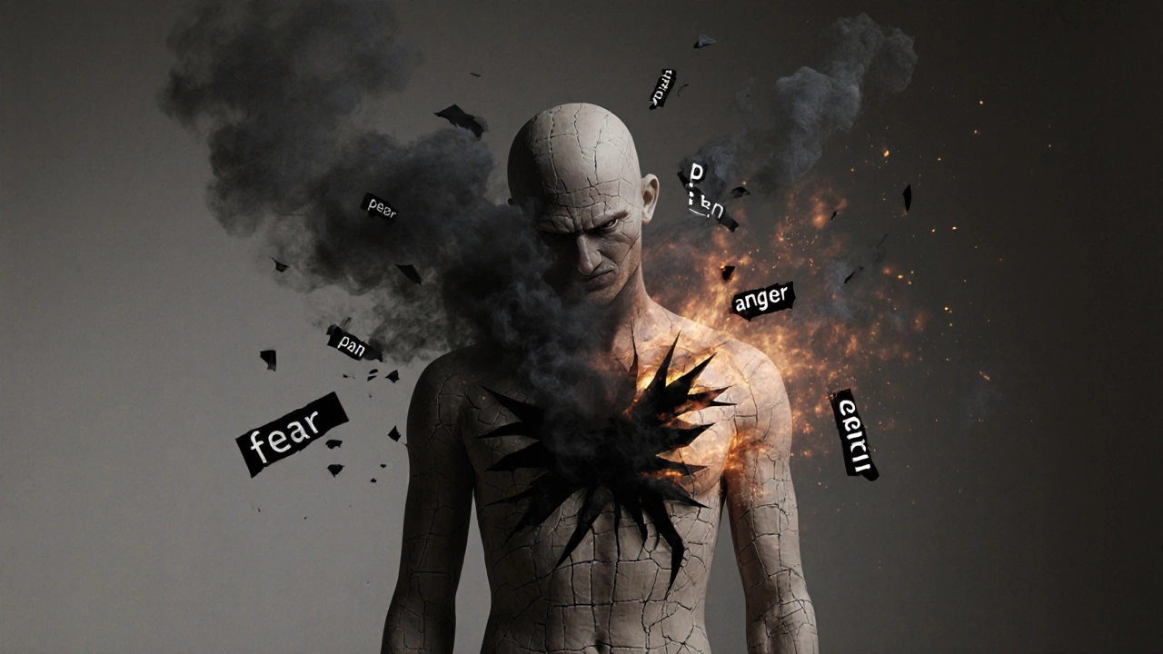 Человек из глины, из которого вырываются черные эмоции в виде дыма.