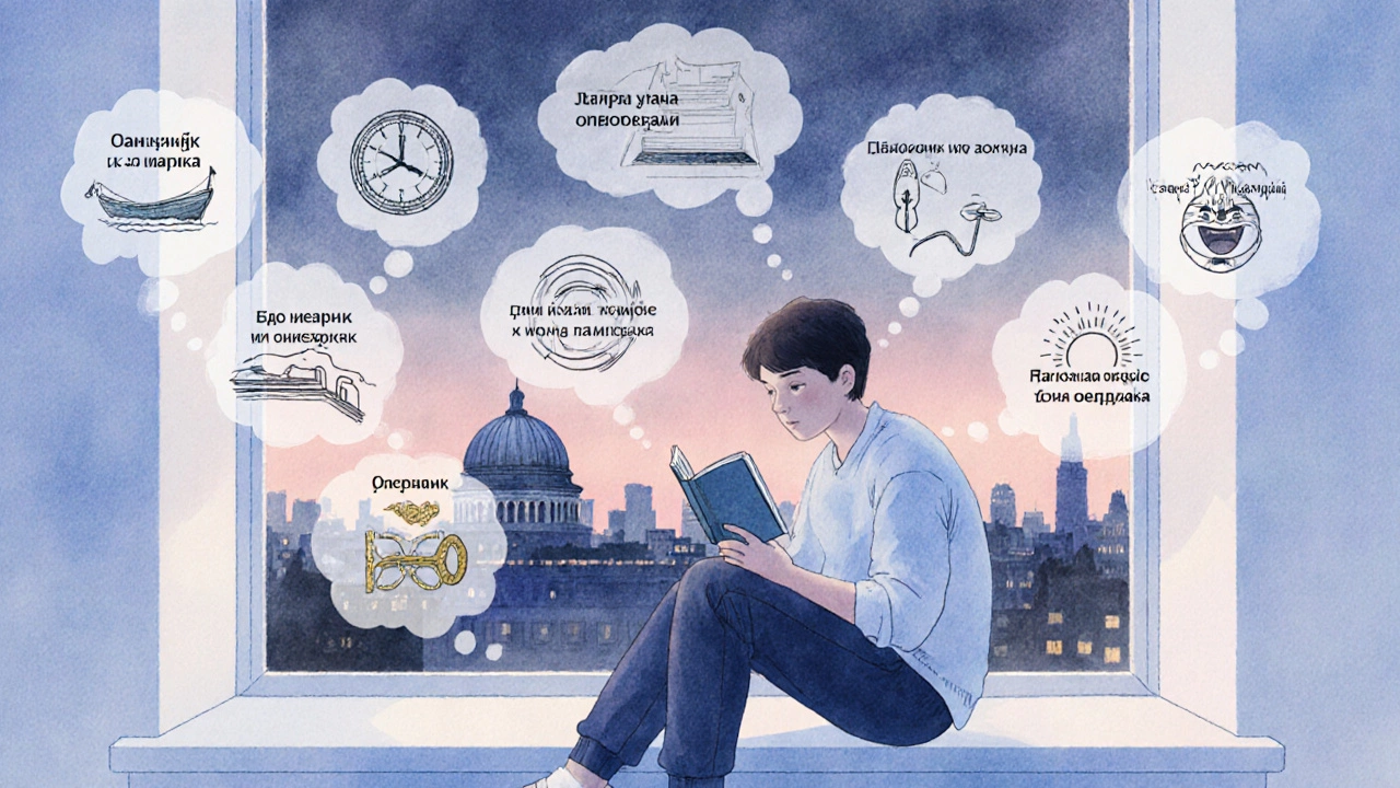 Человек у окна читает, вокруг символы восьми коротких книг.