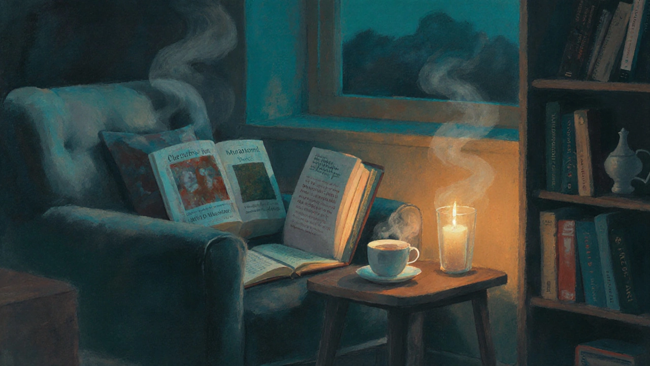 Cozy evening nook with armchair, tea, candle and short story anthology.