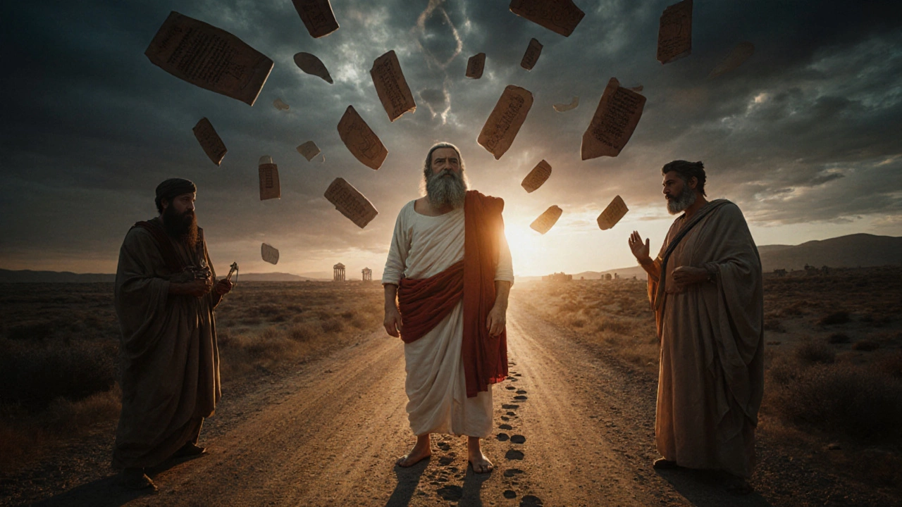 Геродот разговаривает с людьми разных культур, вокруг него парят свитки и следы на земле.