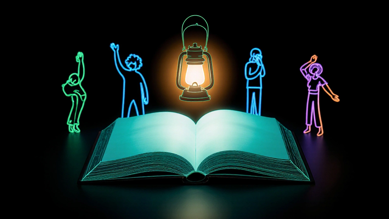 Открытая книга в темноте, над ней светящийся фонарь и силуэты разных настроений.