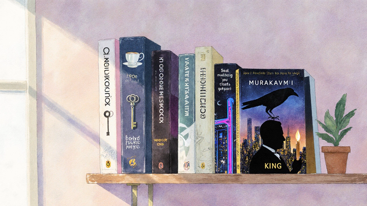 Полка с книгами, каждая символизирует известного автора через образ.