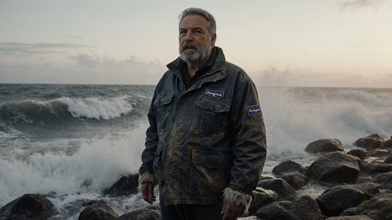 Рыбак в потертой куртке стоит на каменистом берегу у рассвета, за ним — бушующее море.