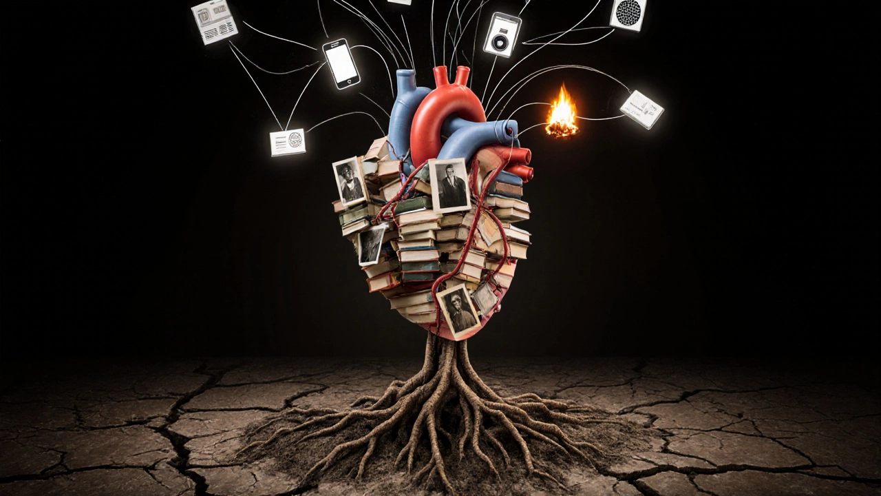 Сердце из книг и фотографий с корнями в земле и нитями, ведущими к современным устройствам.