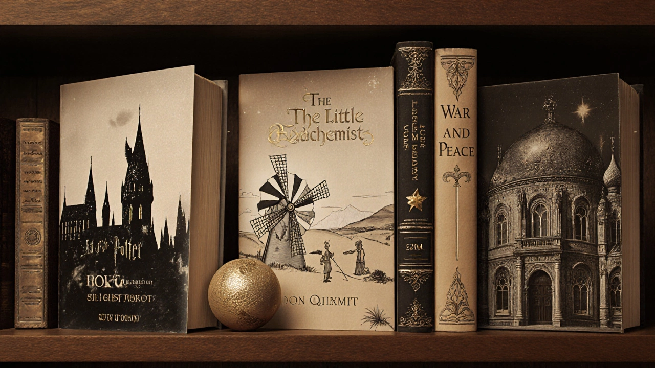 Vintage‑style shelf showing five bestseller book covers with decorative elements.