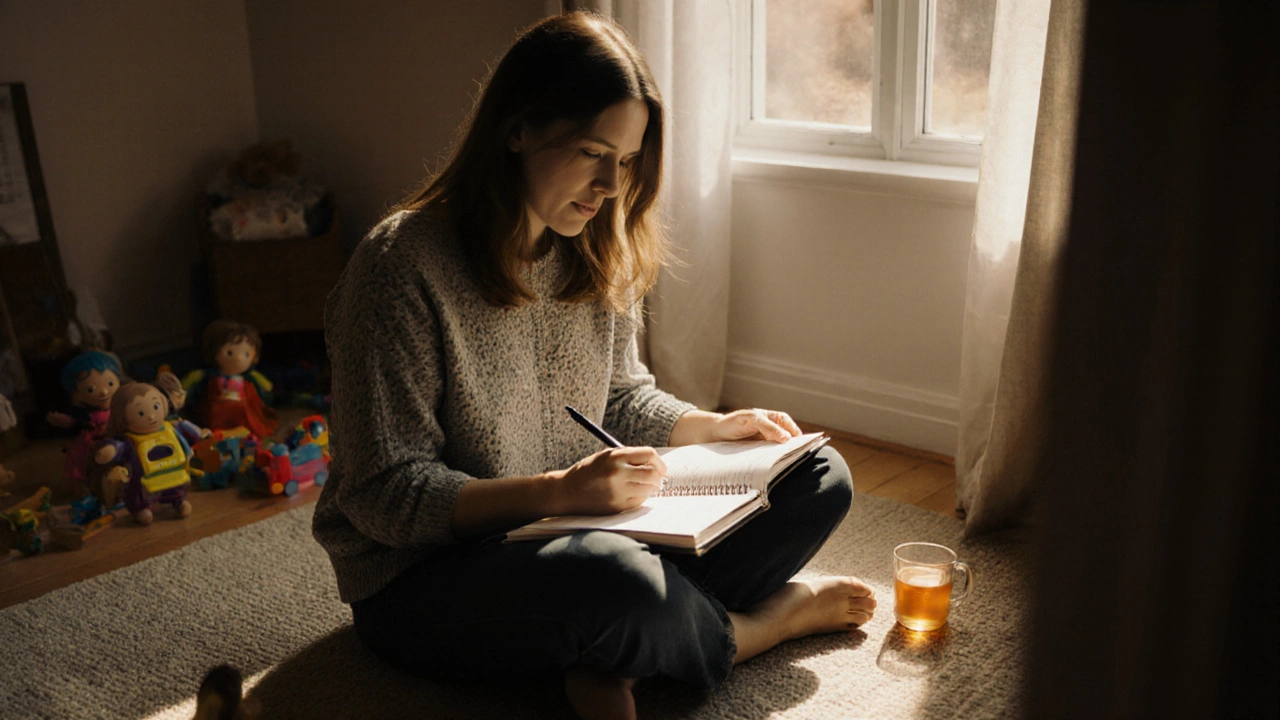 Женщина с блокнотом на полу в сумерках, мягкий свет падает на записанные строки, рядом — игрушки.