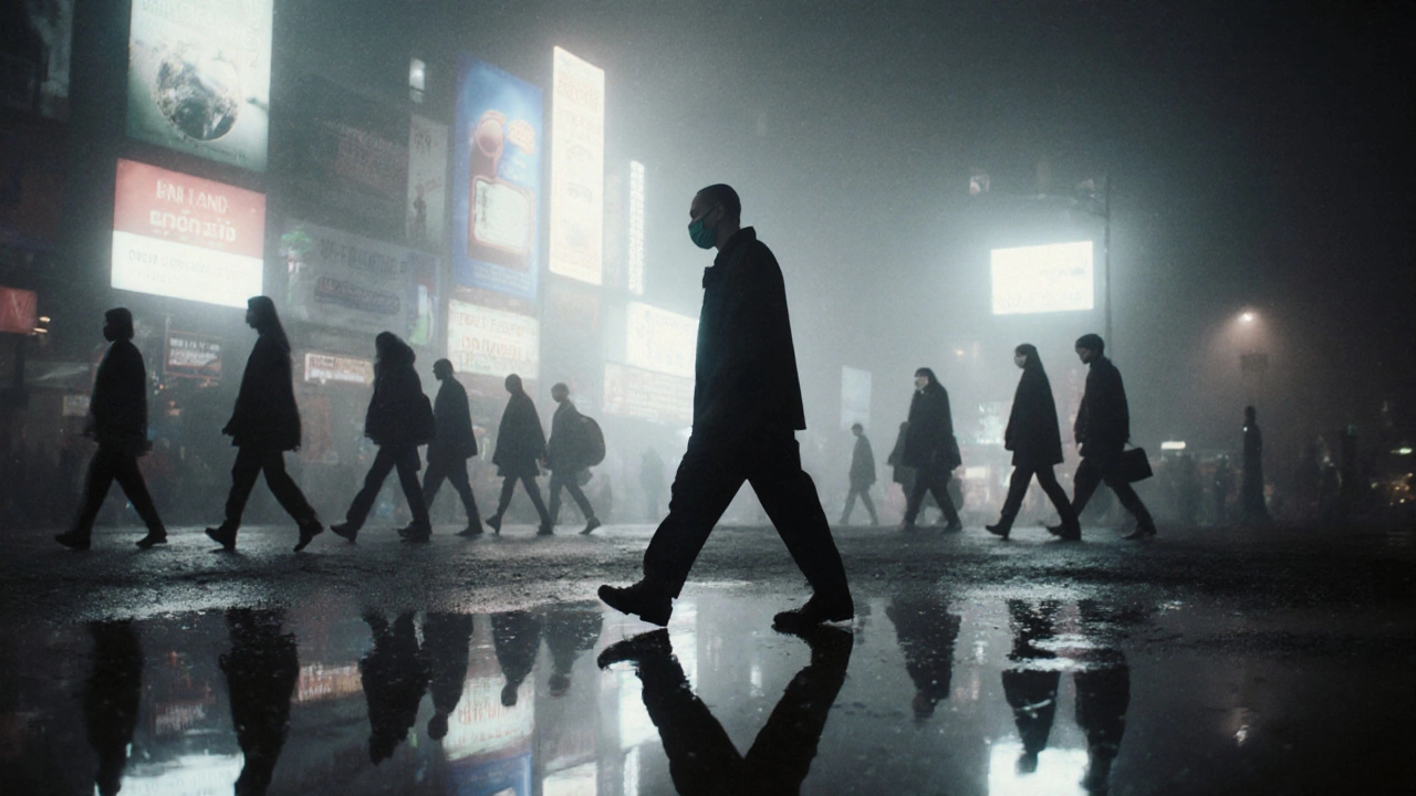Человек идёт по ночному городу, его отражение в луже — маска, вокруг — люди в тени, свет вывесок невидим для других.