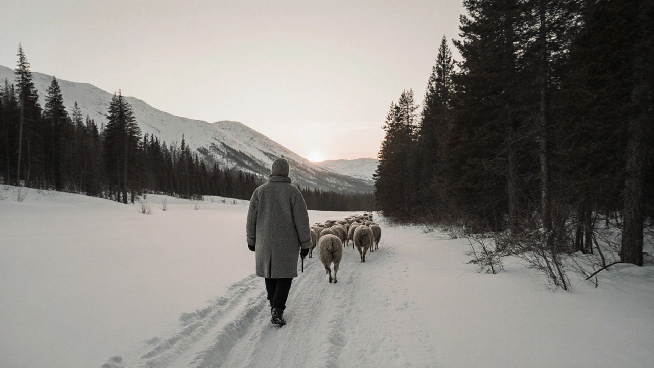 Человек с овцами идёт по снежной тропе в горах Алтая на рассвете, окружённый тишиной.