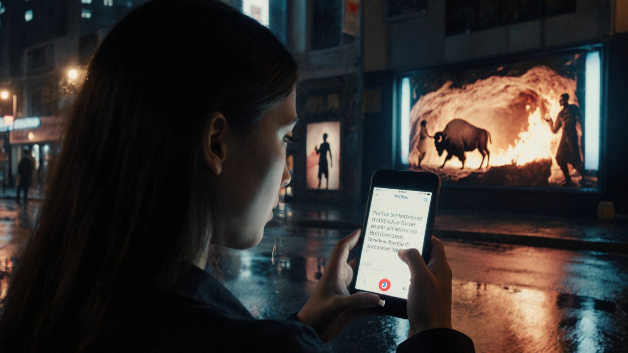 Девушка снимает видео на телефоне, на экране отражаются древние изображения охоты.