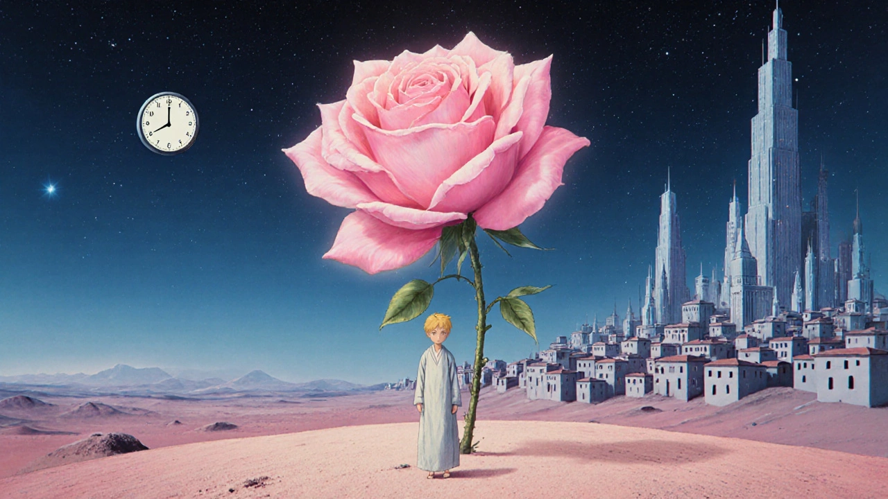 Маленький принц стоит на пустынной планете под огромной розой, позади — пустые дома и звёзды, атмосфера тихого открытия.