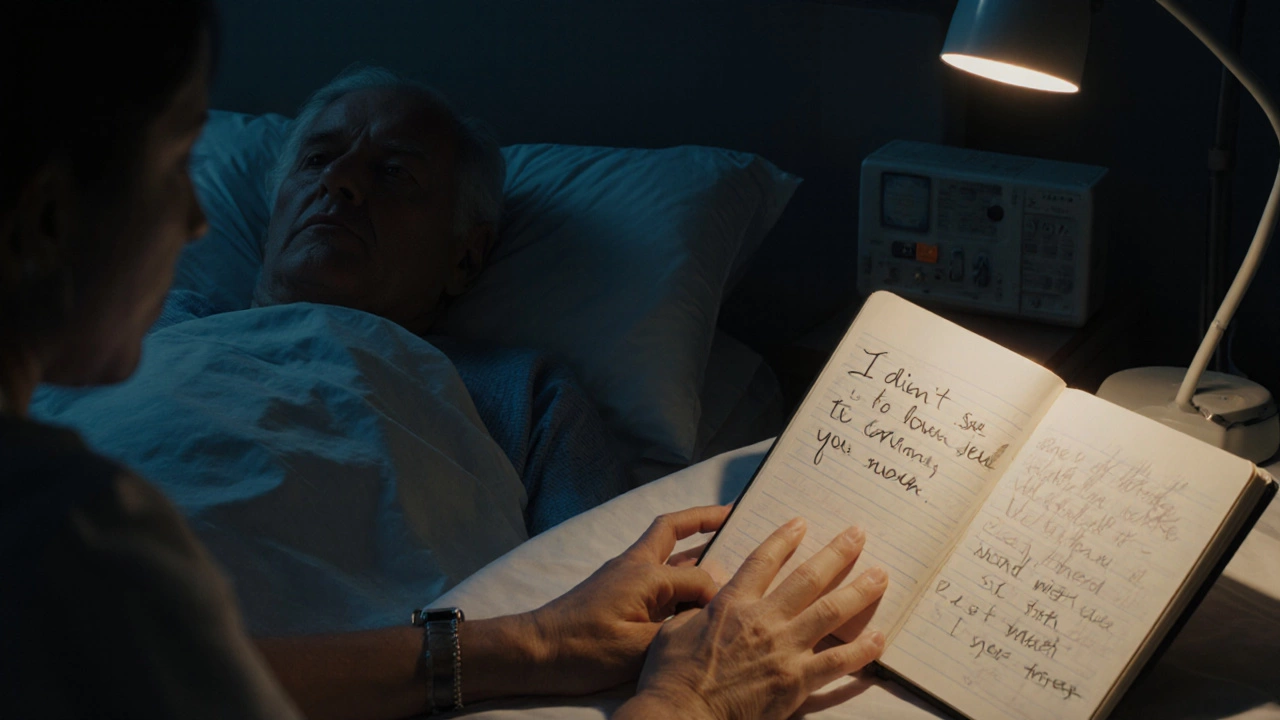 Мужчина в больничной палате, держащий руку медсестры, рядом открытая тетрадь с записями.