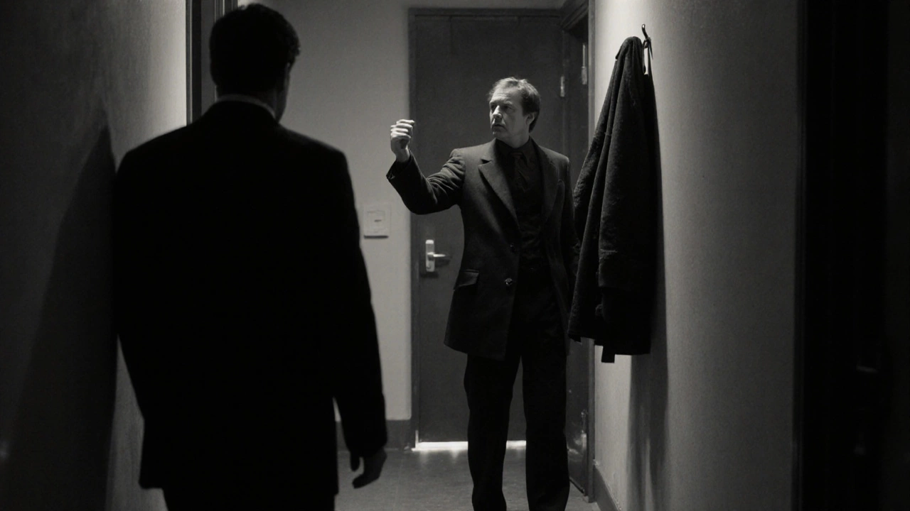 Персонаж поворачивается, другой застыл, рука поднята — тишина между словами.