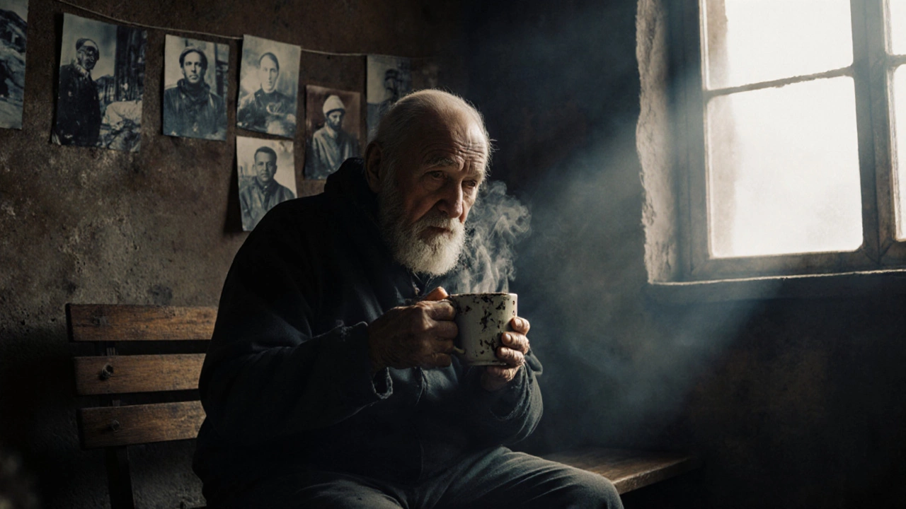 Пожилой шахтёр пьёт кофе в холодной комнате, на стене — старые фотографии.