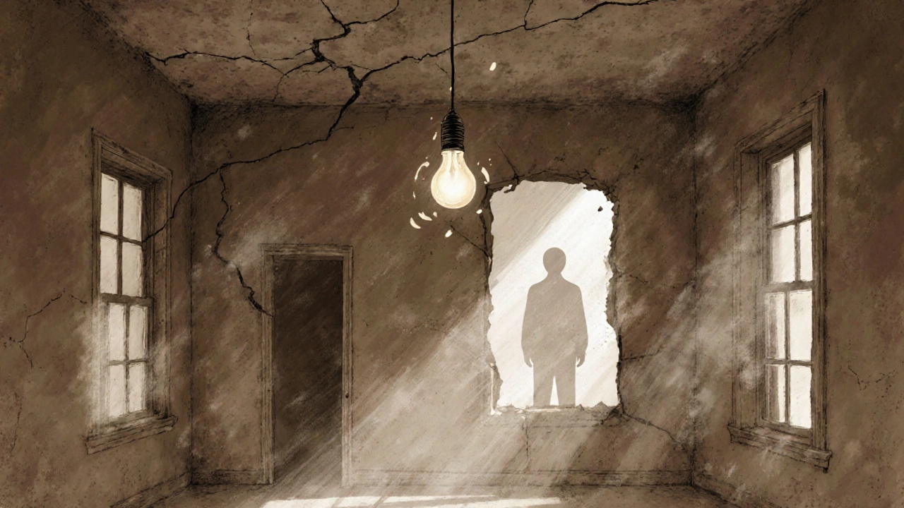 Пустой дом с треснувшими стенами и единственной мигающей лампочкой.