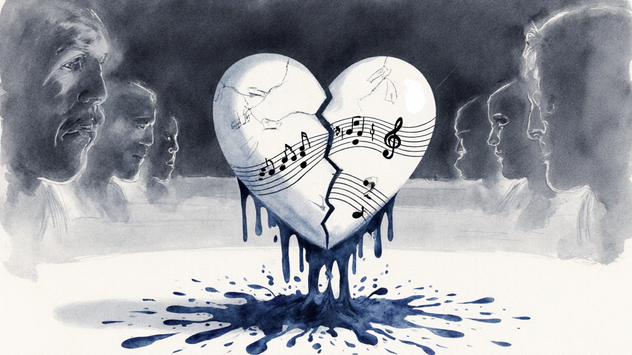 Разбитое сердце из фарфора, из трещин вытекают краска, ноты и слова.