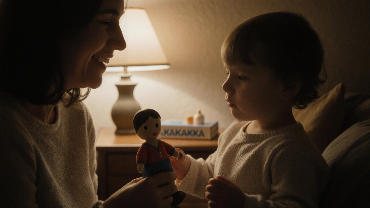 Ребёнок впервые говорит, держа деревянную куклу, мать смотрит с слезами на глазах.