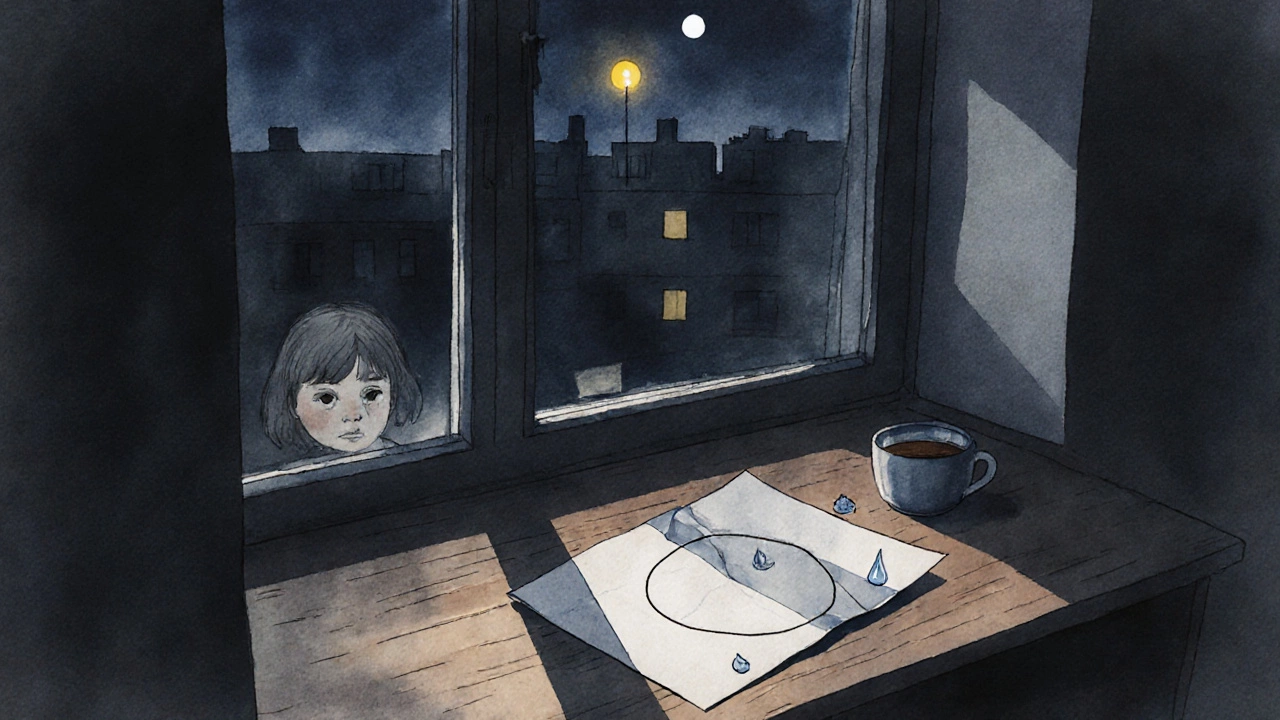 Рисунок круга с тремя линиями на столе рядом с чашкой чая при лунном свете.