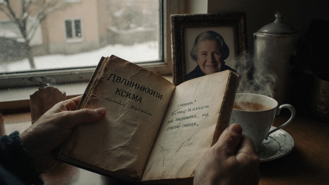 Руки держат потрёпанную книгу на кухне, рядом чай и фото, солнечный свет падает на страницу с подчёркнутой фразой.