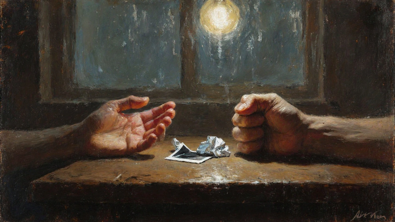 Руки на столе: одна сжата в кулак, другая открыта, между ними фото.