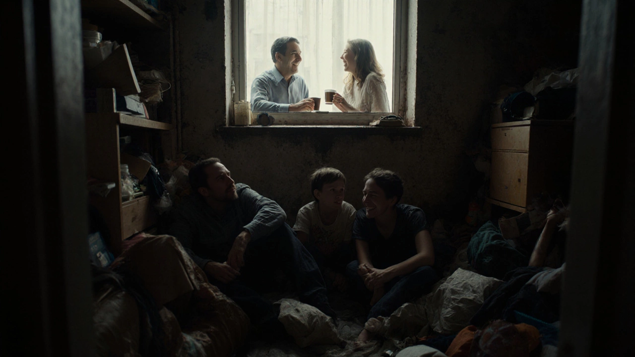 Семья смотрит из полуподвала в окно, где богатые люди пьют кофе.