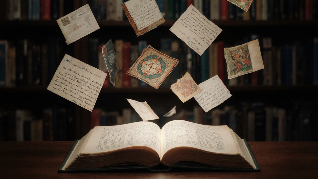 Символическое изображение древних иллюстраций, сообщений Telegram и ИИ-текстов, объединённых вокруг открытой книги.