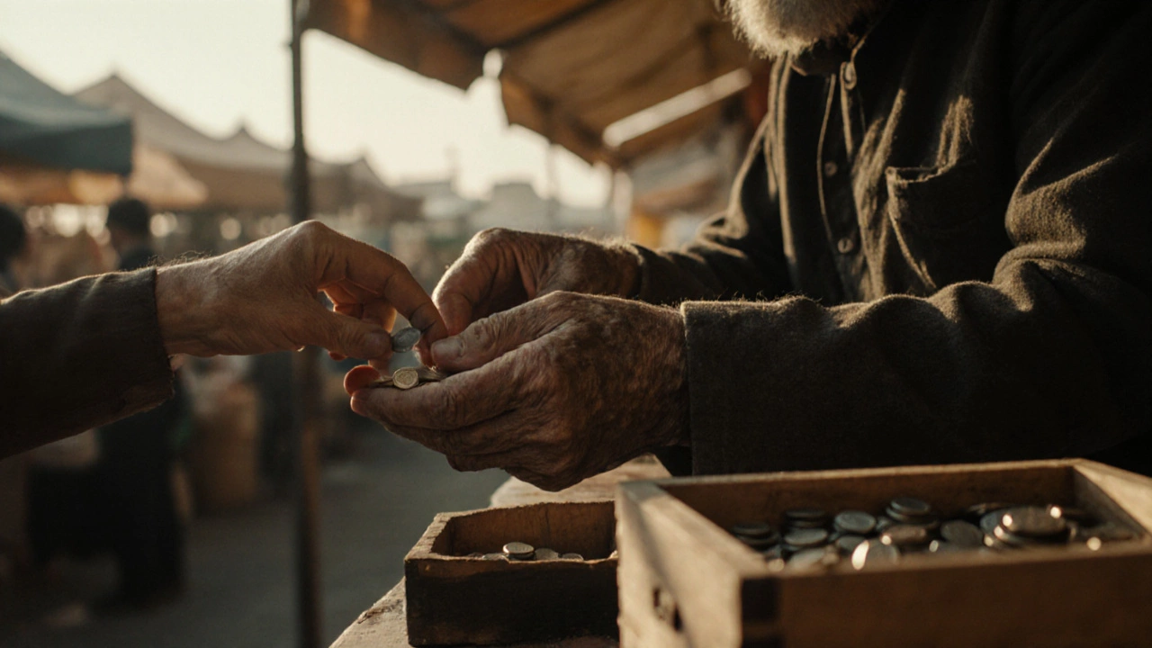Старик кладет монеты в руку покупателя на рынке, игнорируя просьбу о купюре.