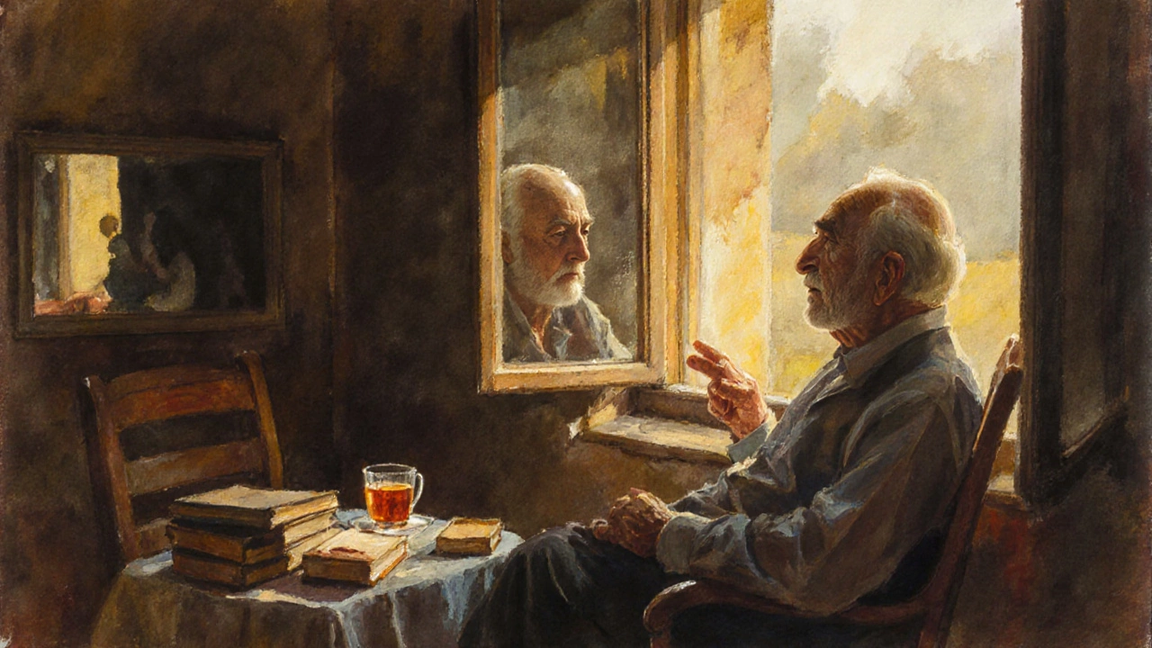 Старый переводчик говорит с пустым креслом у окна, свет падает на чашку чая и книги.