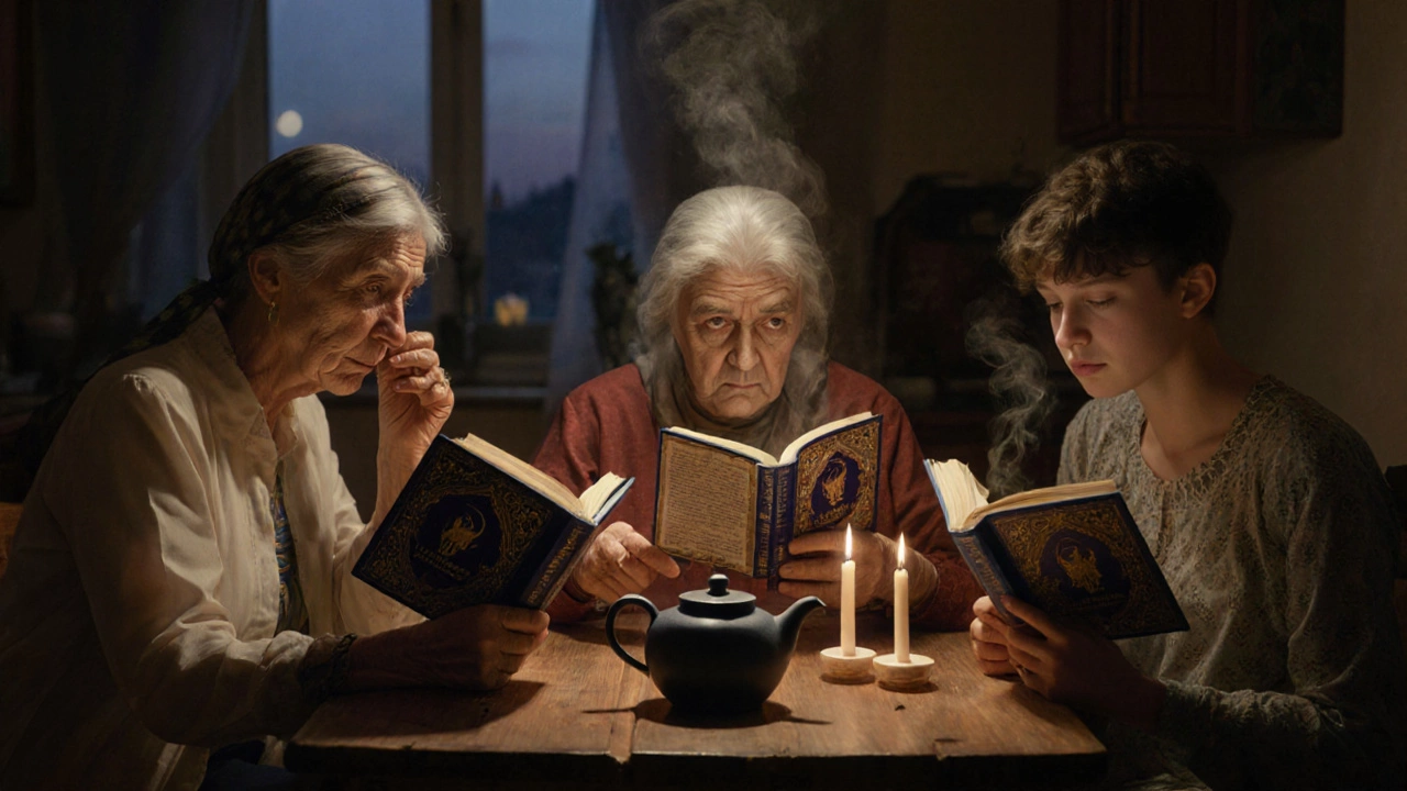 Три поколения семьи обсуждают сказки из &#039;Тысячи и одной ночи&#039; за кухонным столом при свече.