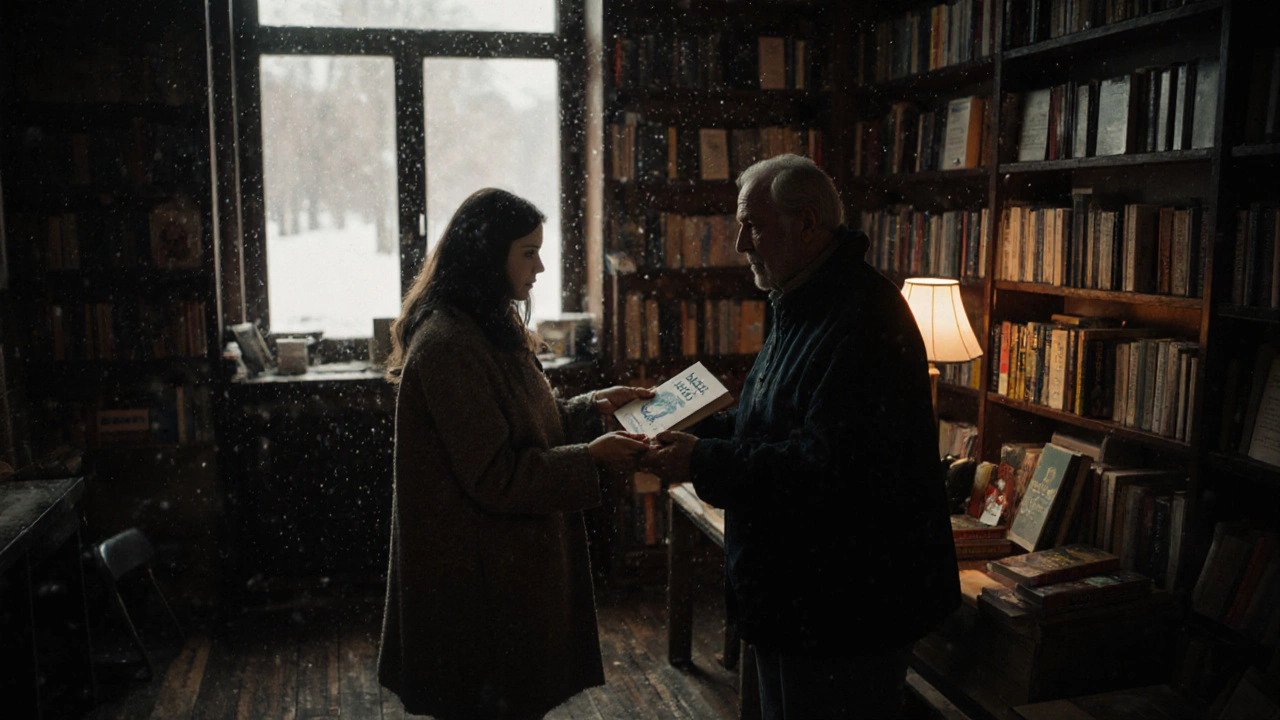 Женщина передаёт книгу мужчине в тёплом книжном магазине, снег за окном, тёплый свет лампы.