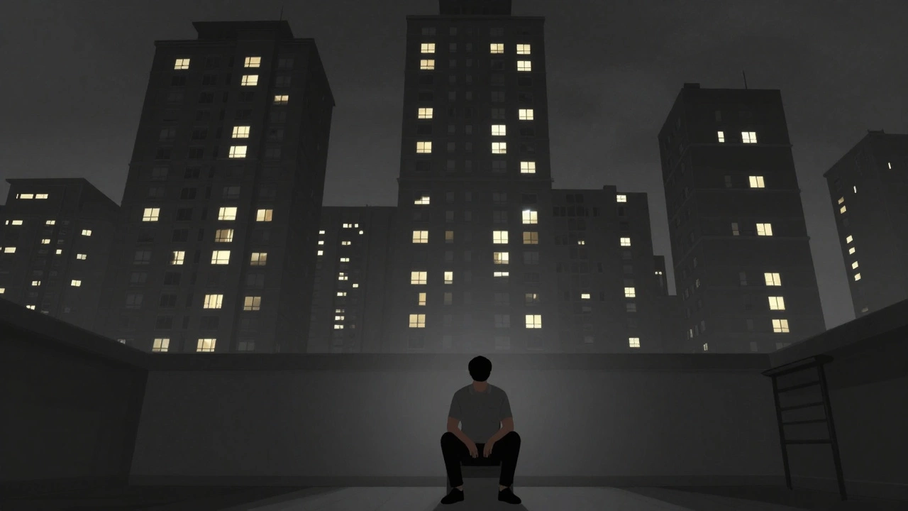 Человек в полуподвале, смотрящий вверх на светлые окна дорогих квартир.