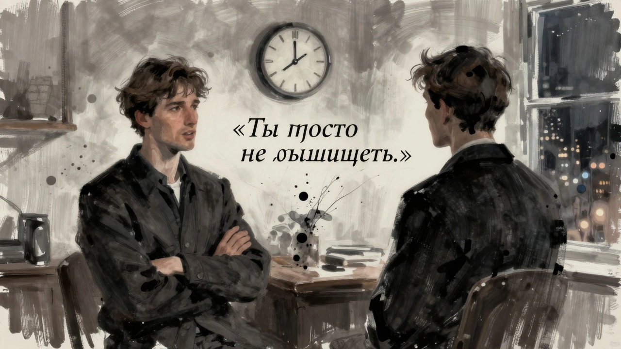 Два силуэта в тусклой комнате, их слова растворяются в чернильных мазках, за окном — городские огни.