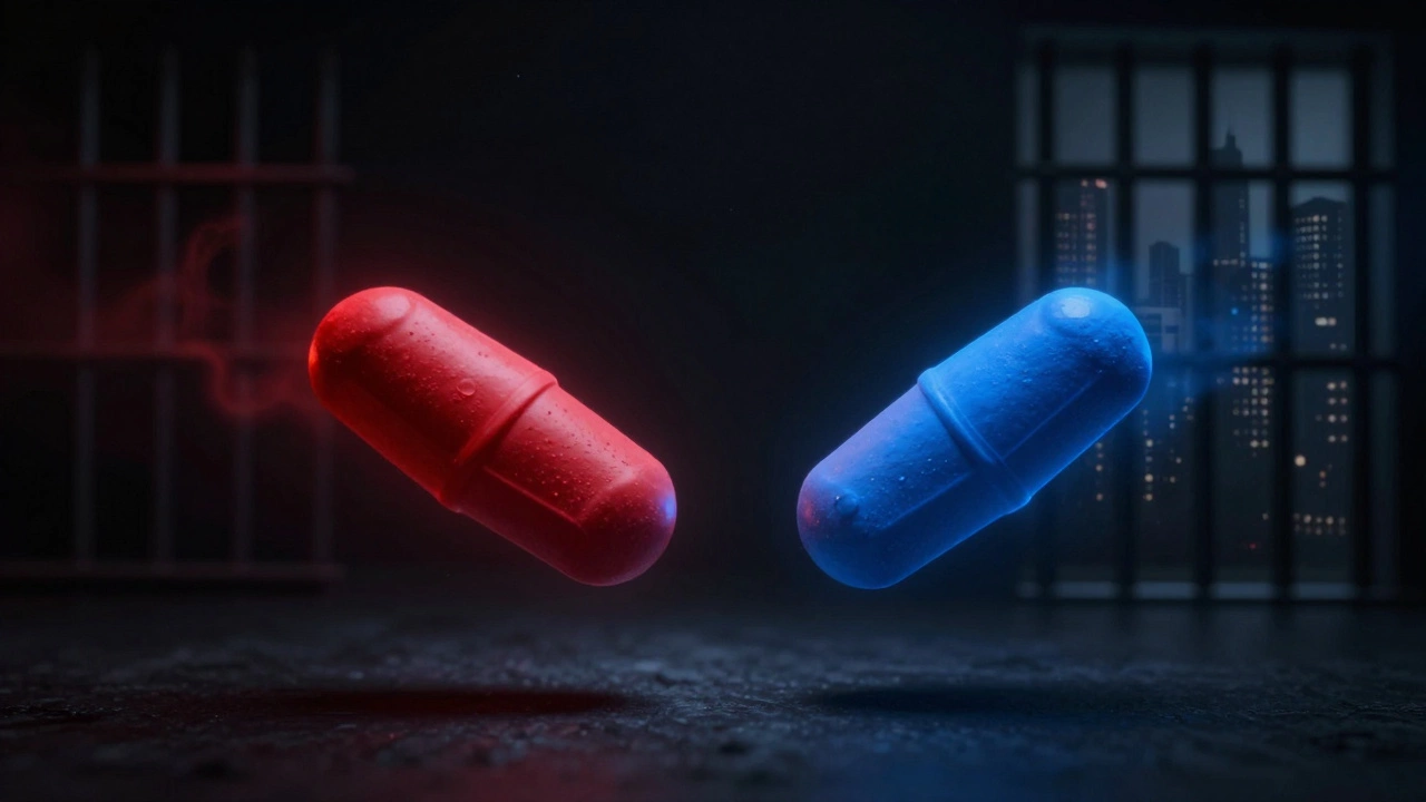 Две таблетки — красная и синяя — парят в темноте, вокруг них намёки на тюрьму и город мечты.