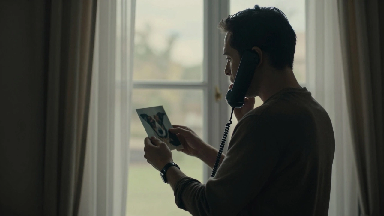 Мужчина держит телефон и фотографию собаки, не говоря ни слова, тихий закат за окном.