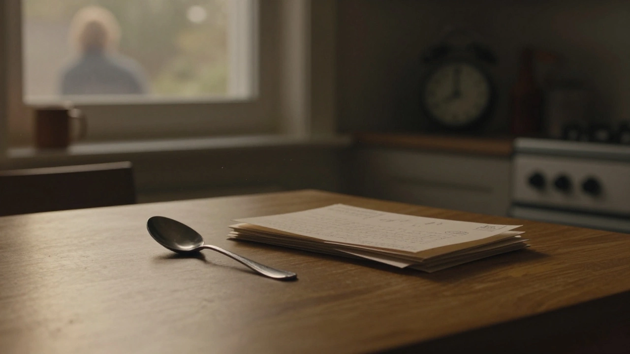 На кухонном столе лежит чистая ложка рядом с письмами.