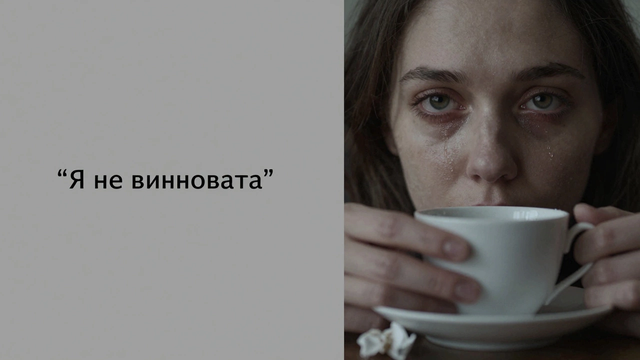 Одна фраза диалога в кавычках, женщина смотрит в камеру с блестящей слезой, чашка на столе.