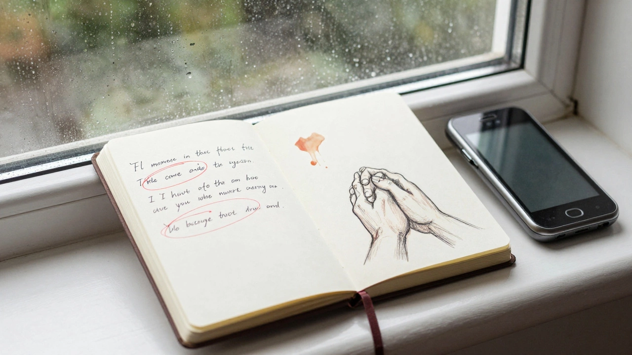 Открытый дневник с рукописными фразами и наброском двух рук под дождем.