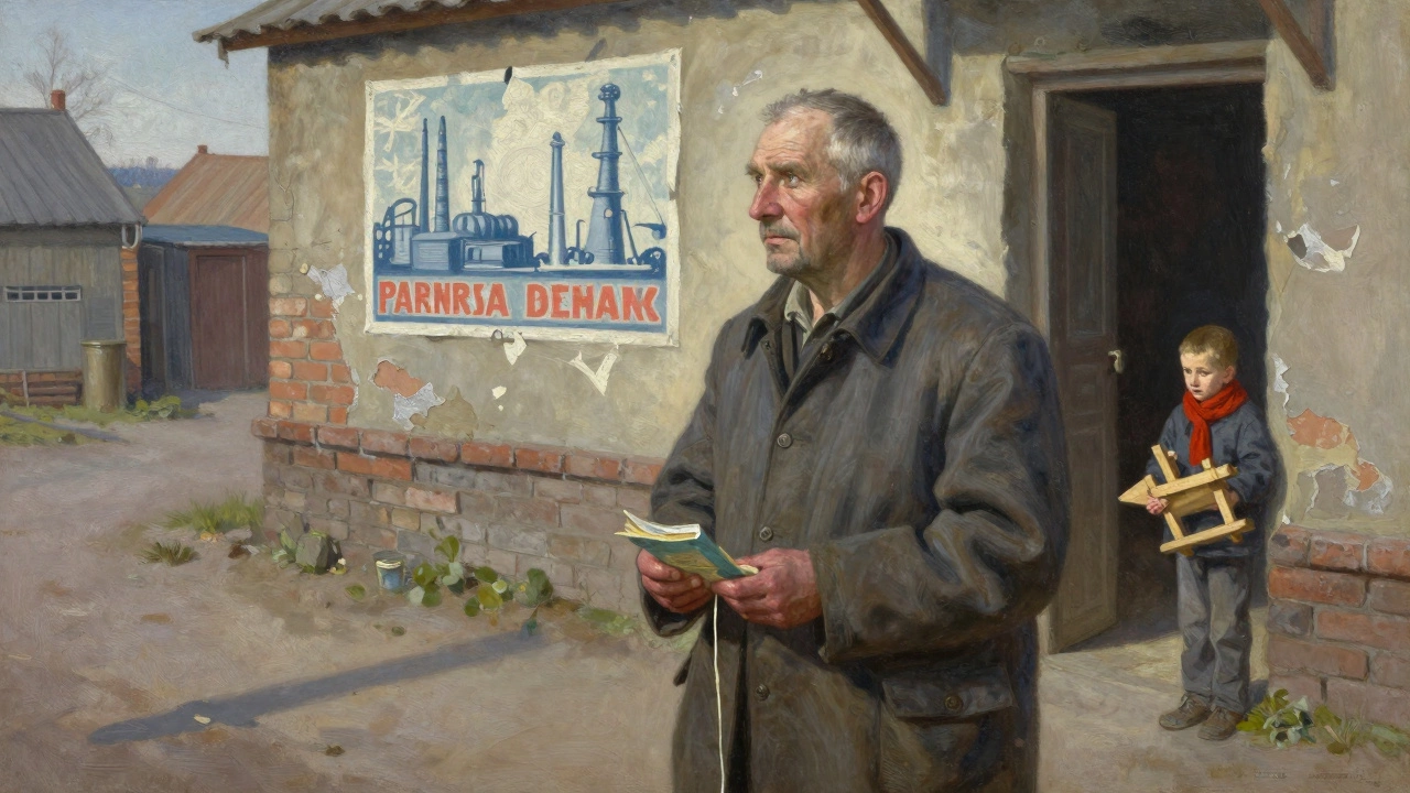 Пожилой мужчина держит письма в деревне, ребёнок смотрит из двери.