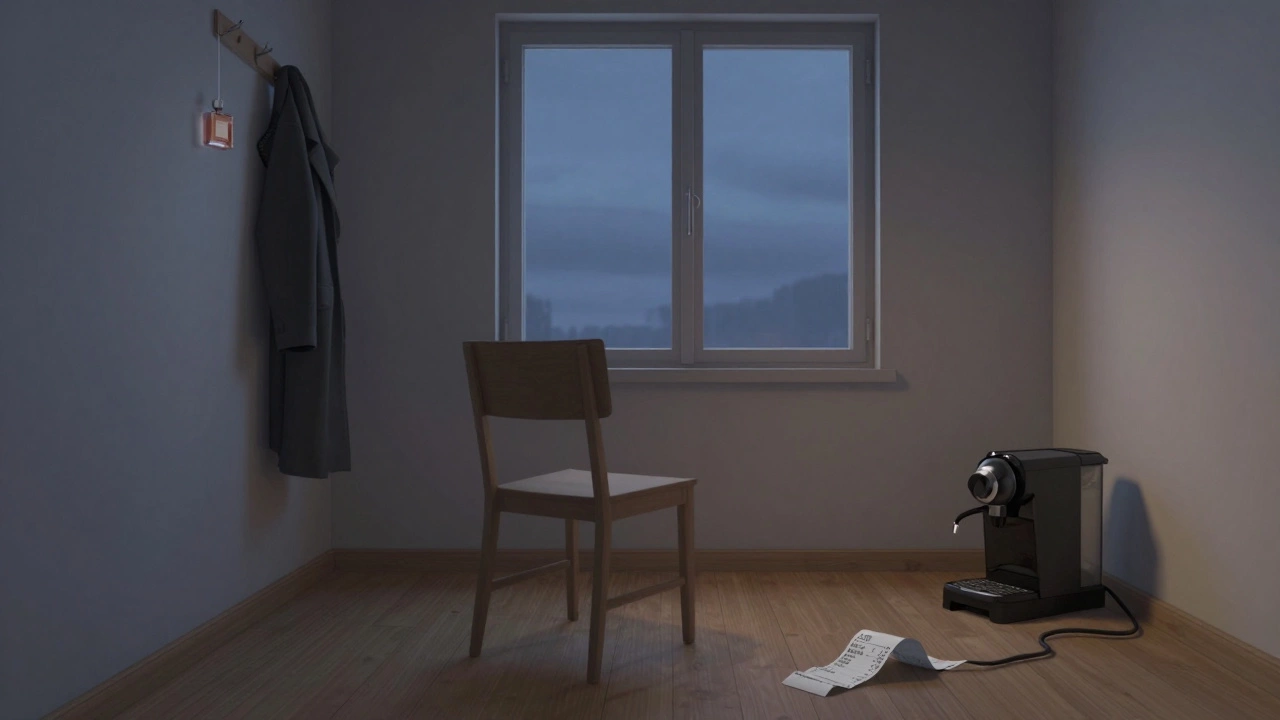 Пустая комната: куртка на вешалке, выключенный кофе-машинка, на полу — старая квитанция.