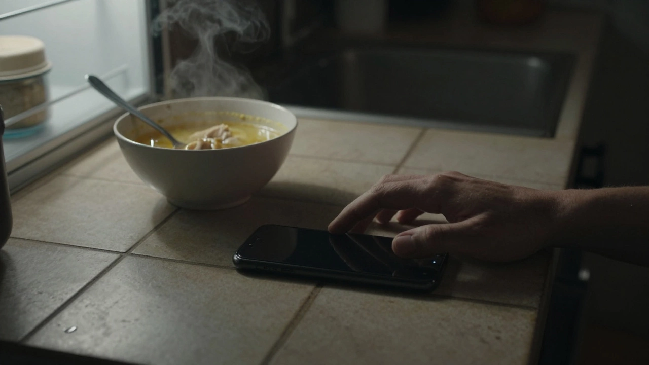 Рука лежит на выключенном телефоне, рядом — остывший суп с ложкой.