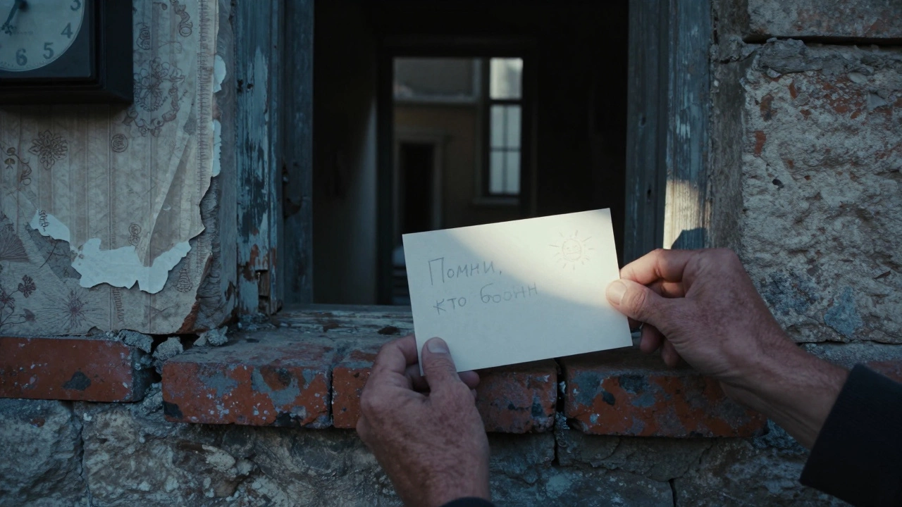 Руки кладут записку в щель стены, за ней старая комната.