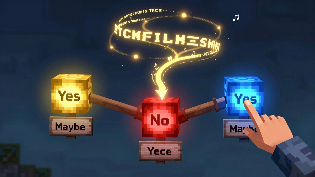 Ветвящийся диалог в Майнкрафте: три цветных командных блока соединены с табличками, создавая дерево выбора.