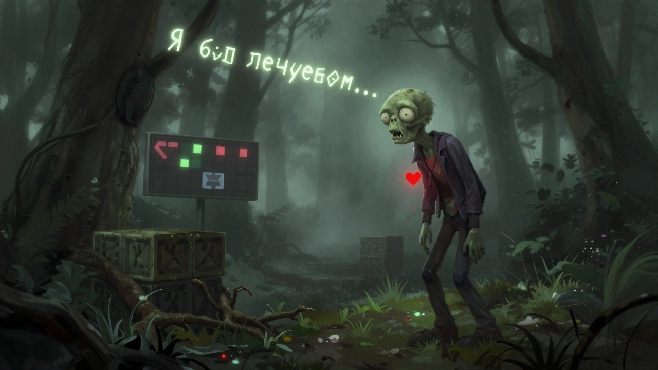 Зомби в туманном лесу шепчет последнее сообщение, а над ним исчезает светящийся символ — душа забытого человека.