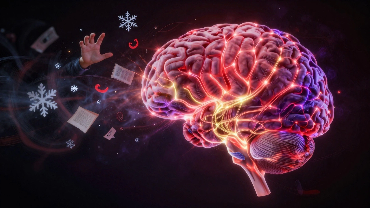 Абстрактное изображение мозга, где эмоции активируют память и воображение.