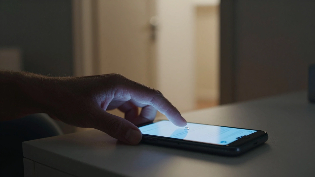 Дрожащая рука держит телефон с мигающим экраном, на фоне пустого коридора.