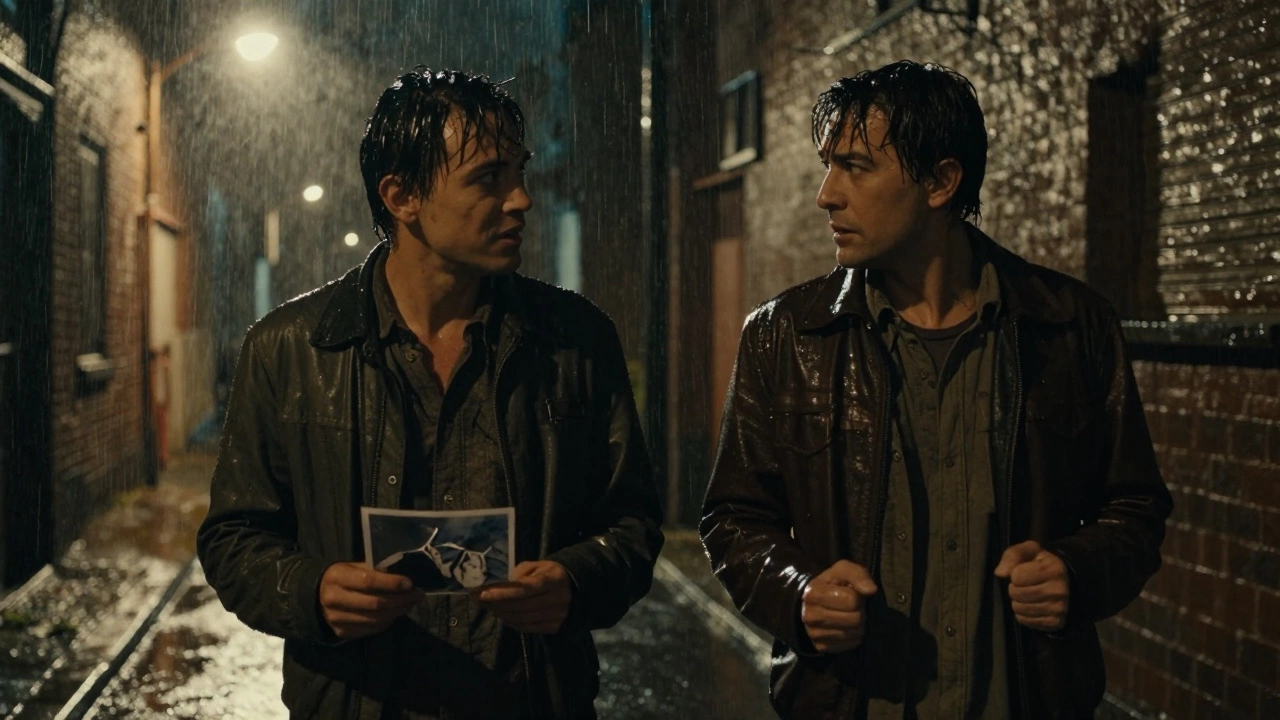Два персонажа в дождливом переулке, один держит фотографию, другой отвернулся — тишина громче слов.