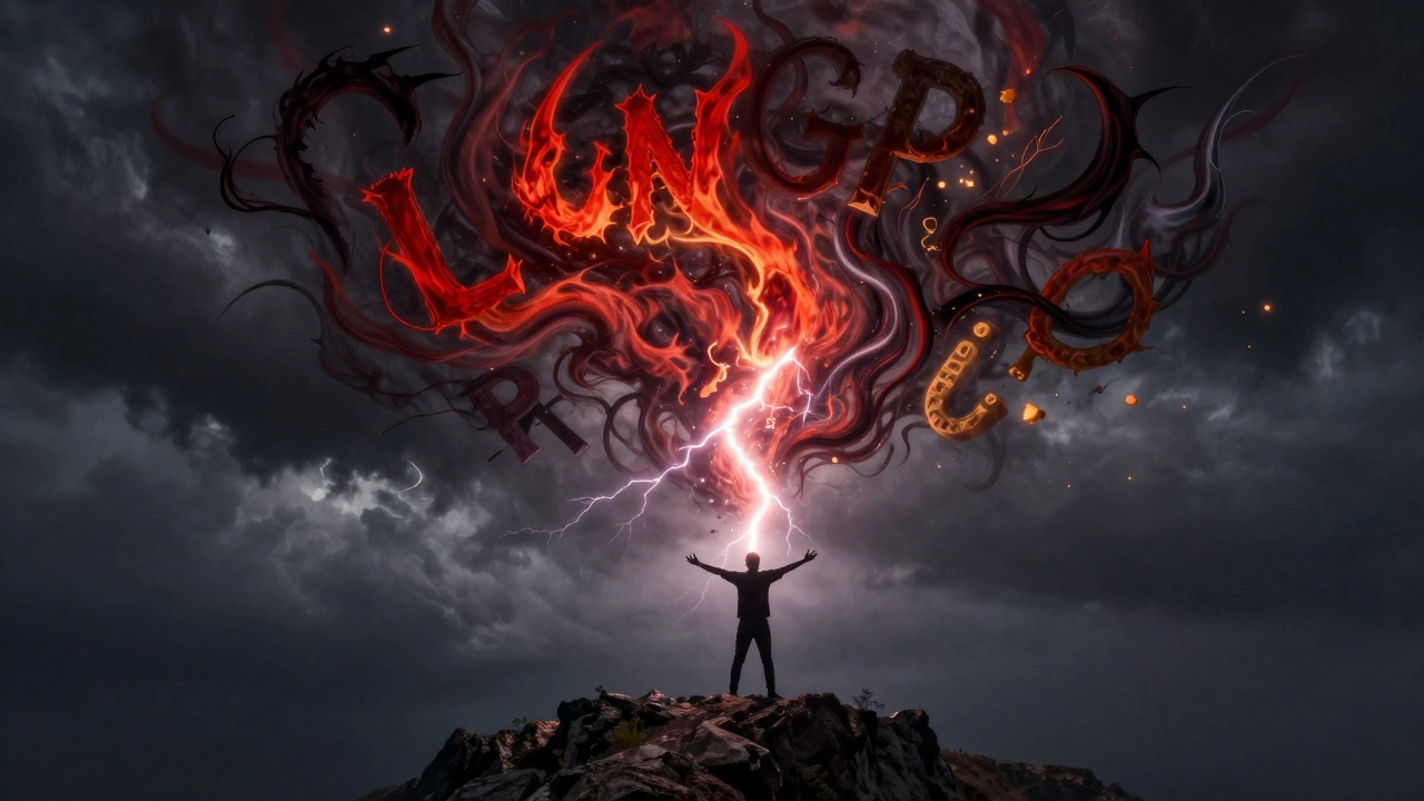 Фигура на скале, эмоции в виде огня, молний и искр превращаются в слова.