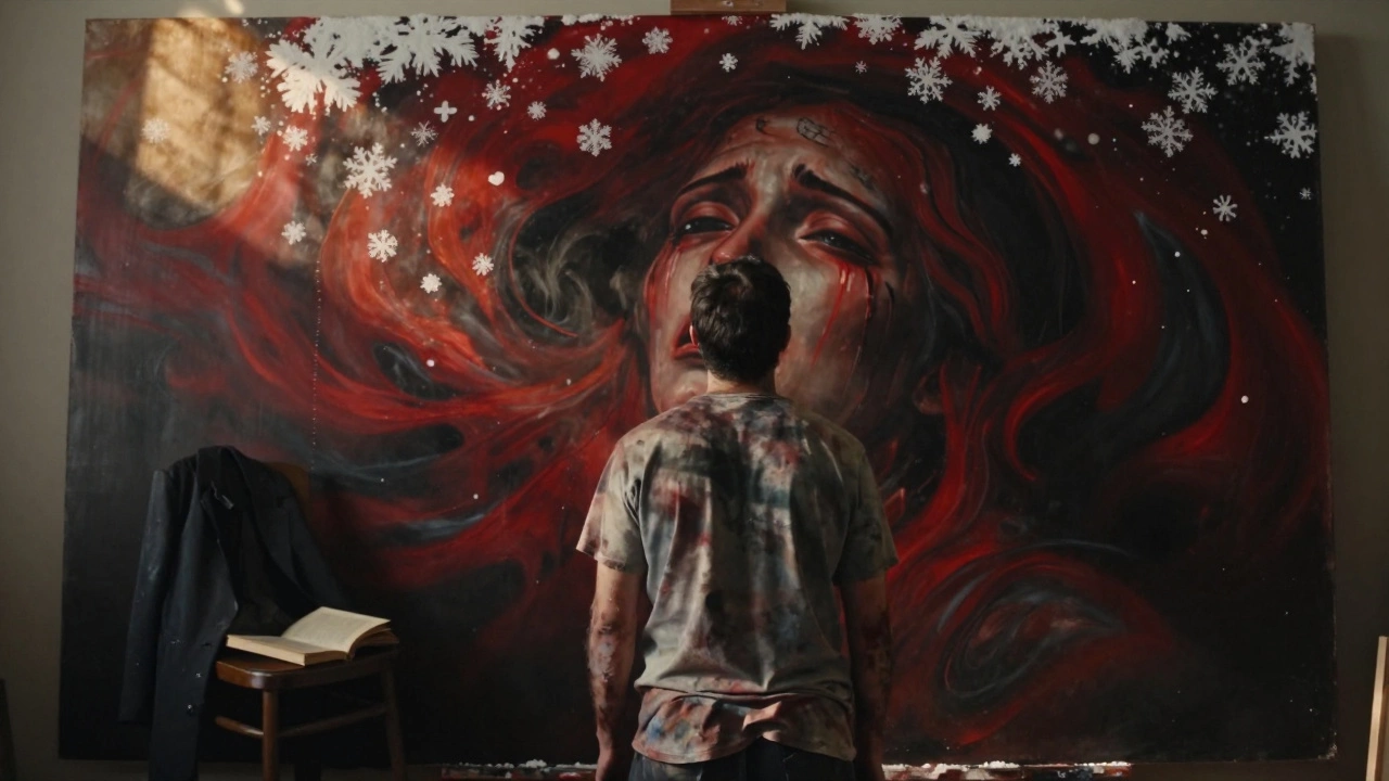 Художник перед полотном, где эмоции превращаются в снег и бурю.