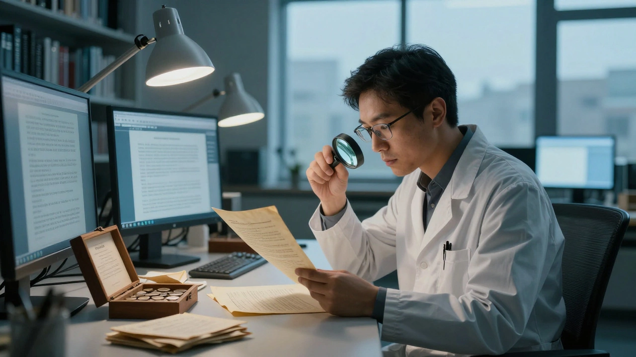 Исследователь в архиве изучает древний документ под лампой, рядом артефакты и экраны с источниками.