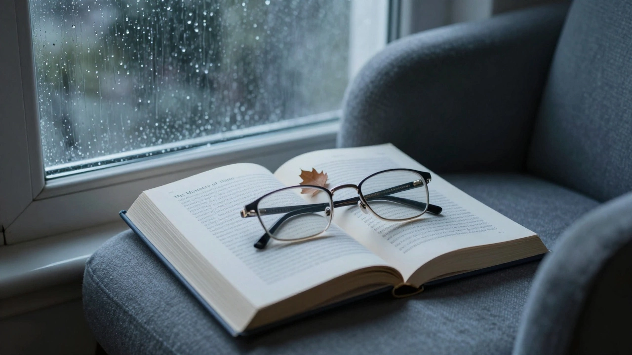 Книга 'The Ministry of Time' открыта на кресле у окна с дождевыми полосками на стекле.