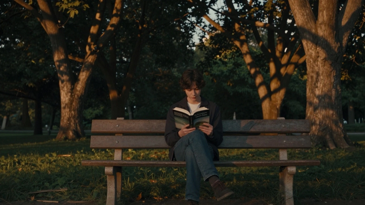 Молодой человек читает 'The Overstory' на скамейке в парке при закате, вокруг — высокие деревья.